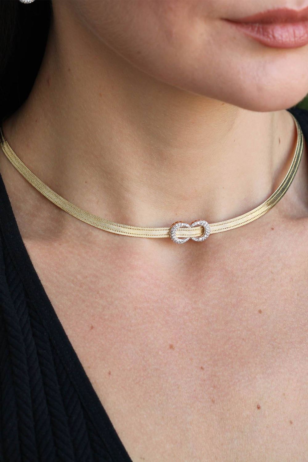 Trabzon Hasırı Altın Kolye - 3 Sıra Choker Sotka Taşlı