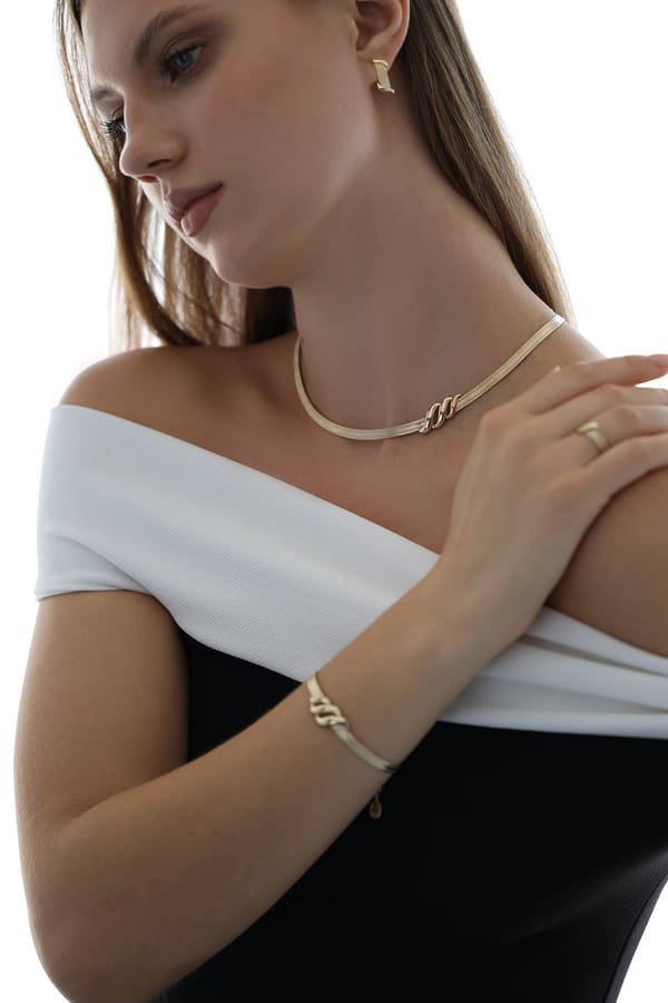 Trabzon Hasırı 3 Sıra Bileklik 3 Sıra Gerdanlık - Altın Set Choker Dalga