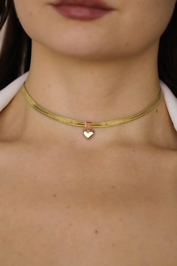 Trabzon Hasırı Altın Kolye - 3 Sıra Kalp Choker