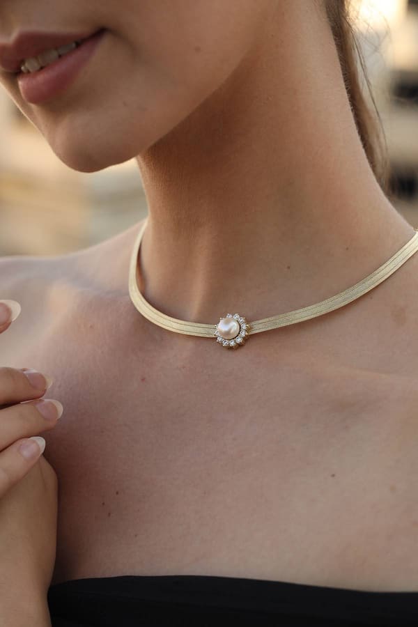 Trabzon Hasırı Altın Kolye - 3 Sıra Choker İnci