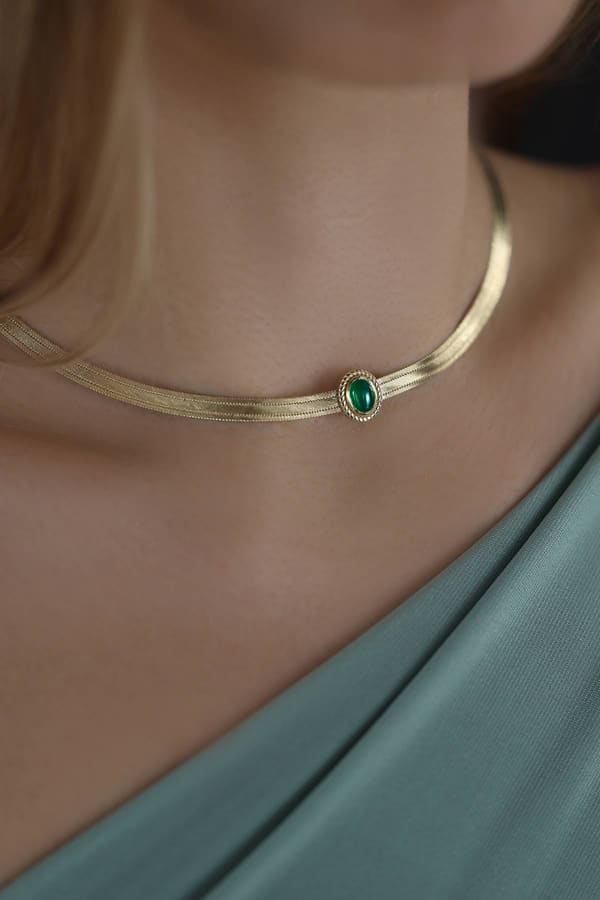 Trabzon Hasırı Altın Kolye - 3 Sıra Choker Akik