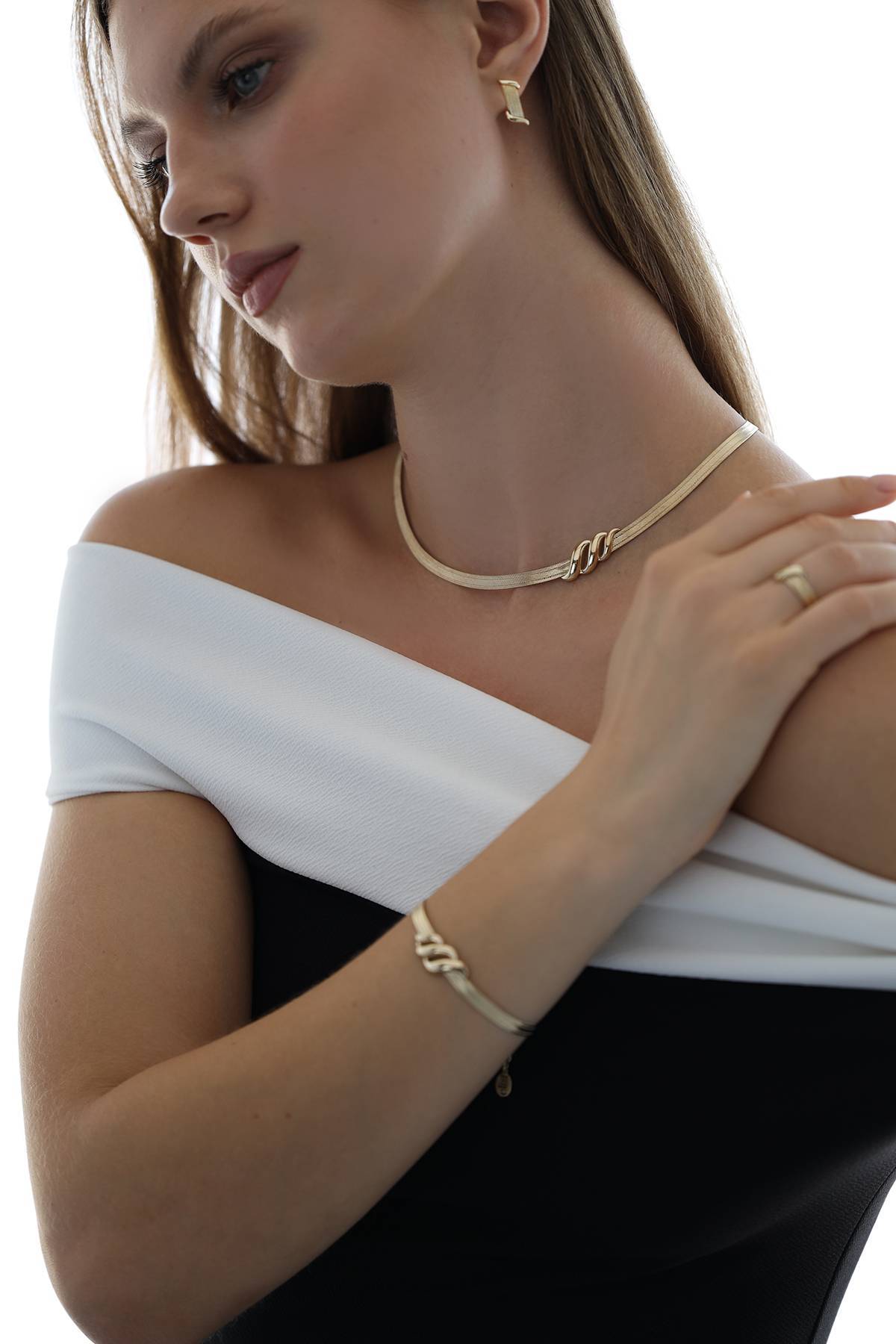 Trabzon Hasırı 3 Sıra Bileklik 3 Sıra Gerdanlık - Altın Set Choker Dalga