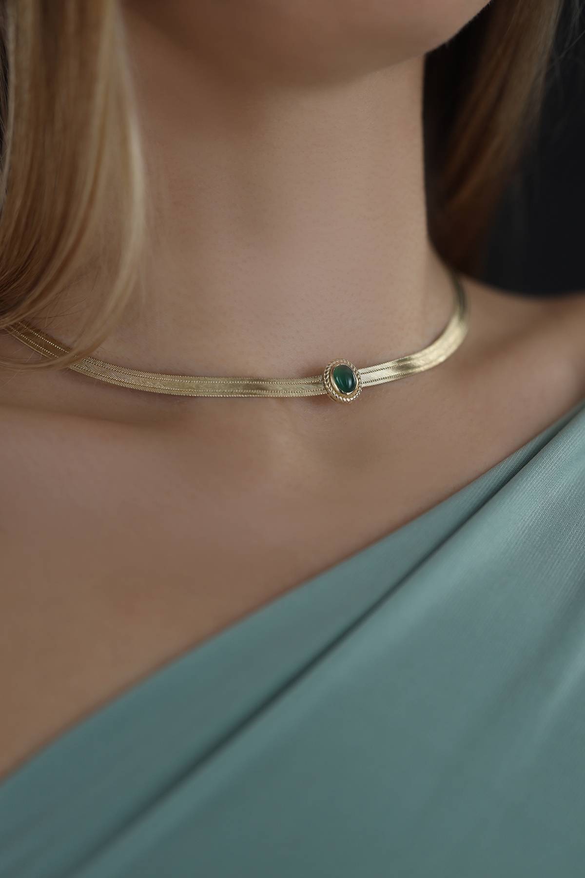Trabzon Hasırı Altın Kolye - 3 Sıra Choker Akik