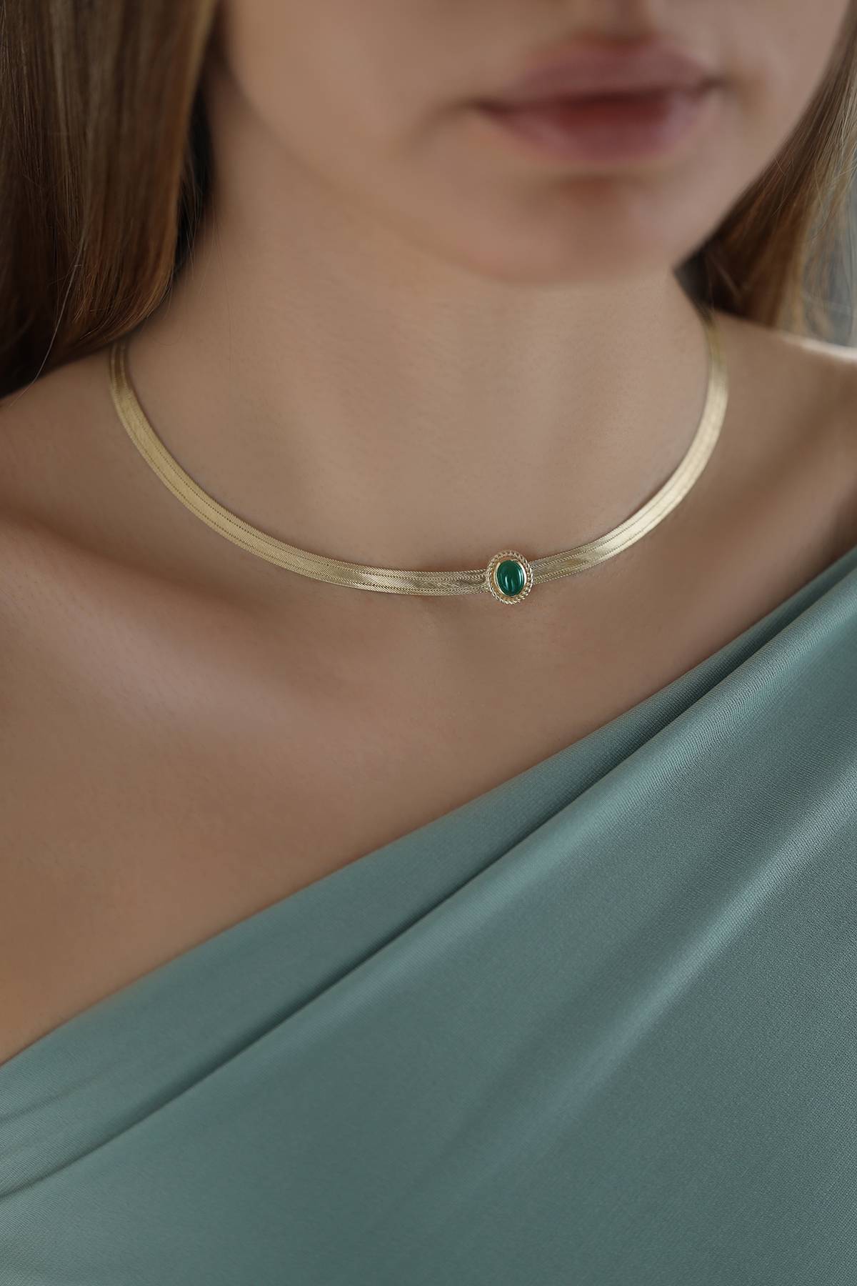 Trabzon Hasırı Altın Kolye - 3 Sıra Choker Akik